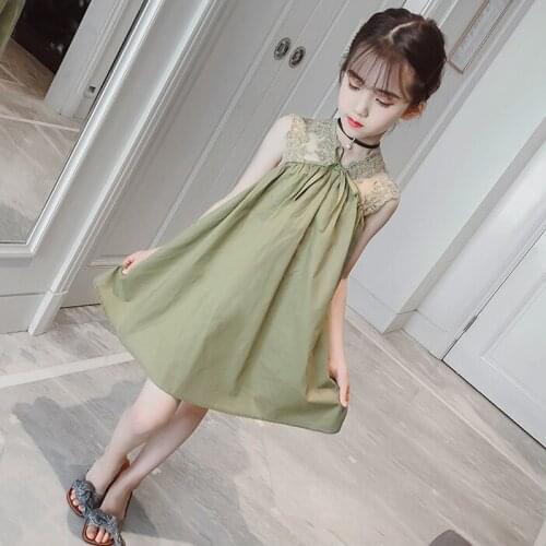 New girls lace solid color dress summer children loose princess dress big boy comfortable explosion fashion bow dress