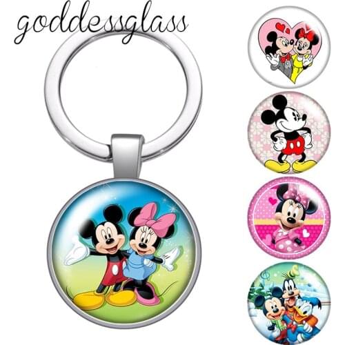 Cute Mickey mouse Minnie mouse Round glass cabochon keychain Bag Car key chain Ring Holder Charms keychains for Kids gift
