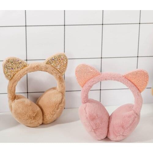 Fashion Unisex Vintage Ear-cap Winter Outdoor Cute Cat Ear Plush Earmuffs Shiny Sequin Soft Earflaps Headband for Kids Boys Girl