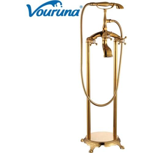 VOURUNA Luxury Rose Golden Finish Floor Standing Bathtub Faucet Mixer Taps