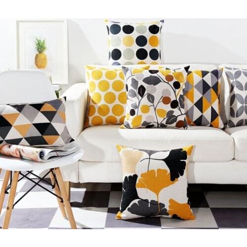 Gray Throw Pillows Yellow Grey Pillow Cover Geometric Linen Cotton Cushion Cover Decorative Pillows Pillowcase Leaves Pillowsham