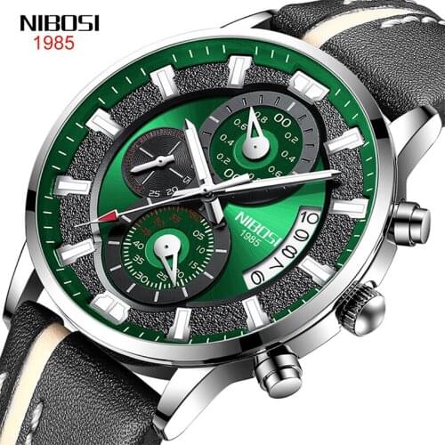 NIBOSI New Men Business Quartz Multifunction Movement Three Eyes Chronograph 30M Waterproof Calendar Time Display Leather Strap