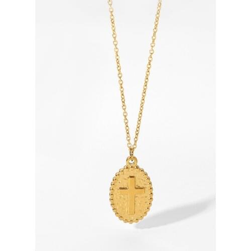 Religious Oval Cross Pendant Necklace 18k Gold Plated Jewelry Christian Stainless Steel Necklaces For Men Women