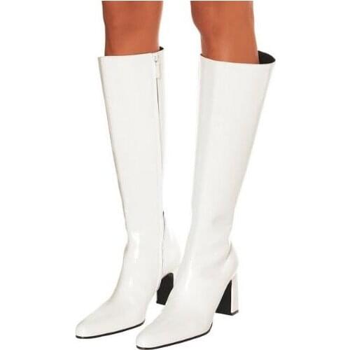 Drop Shipping 2019 Spring New Brand Woman Black White Grid Square Toe Rough Heels Knee High Zip High Heel Long Boots Lady