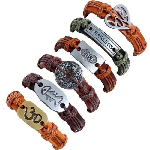 Adjustable Leather Bracelet Set Men Women Casual Jewelry Alloy Accessories Charm Wristband Punk Holiday Tribal Vintage Bangles