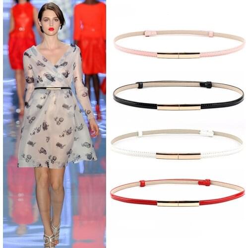 Luxury Metal Buckle Thin Belts Women Adjustable Elastic Ladies Dress Waist Belt PU Leather Black White Blue Skinny Female Belt