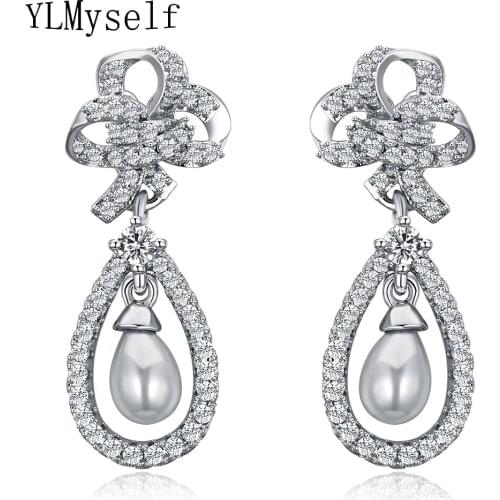 Fashion Ribbon design statement earring white jewelry pendientes aros pave clear zirconia and simulated pearl elegant earrings