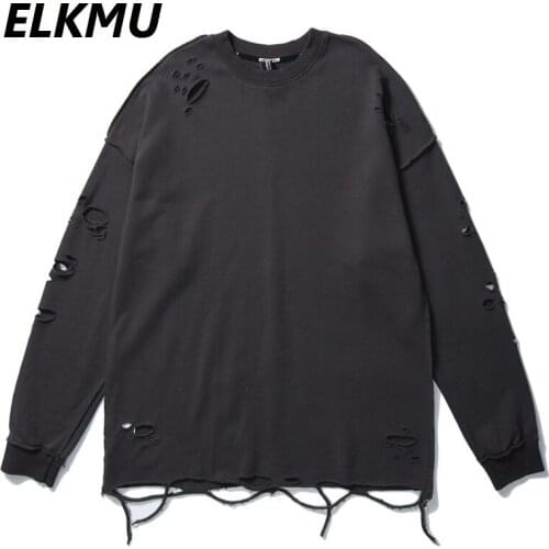 ELKMU Streetwear Harajuku Hole Design Solid Color Sweatshirt Mens Autumn 2021 Pullover Sweatshirts Oversize Tops Fashion HM374
