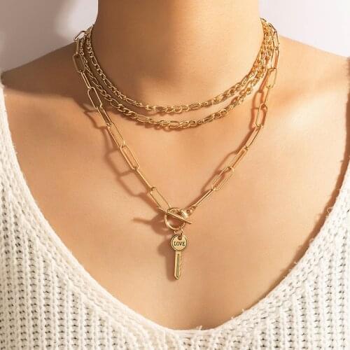 HuaTang Vintage Key Pendant Necklace for Women Men Gold Color Alloy Metal One Word Buckle Link Clavicle Chain Jewelry 18240