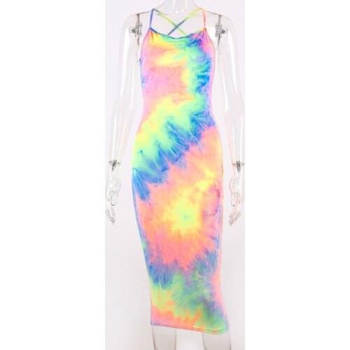 Women Summer Rainbow Colorful Tie-Dye Sleeveless Bodycon Midi Long Slip Dress Spaghetti Strap Neon Cross Backless Party Clubwear