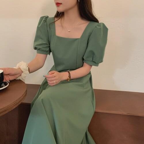 TVVOVVIN Office Ladies Dresses Puff Sleeve Solid Elegant Vintage A-line Robes Femme Korean Square Neck 2021 Vestidos Fashion J8K