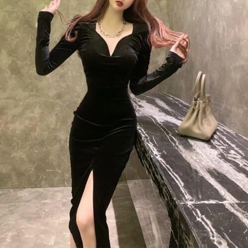 Grosfairy New Vintage Sexy Black Formal Evening Dresses Lady Elegant V Neck Long Sleeve Pleated Slim High Slit Vestido Nighclub