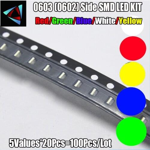 5 x 20pcs/Color=100pcs New 0603 (0602) Side SMD LED KIT Red/Green/Blue/White/Yellow