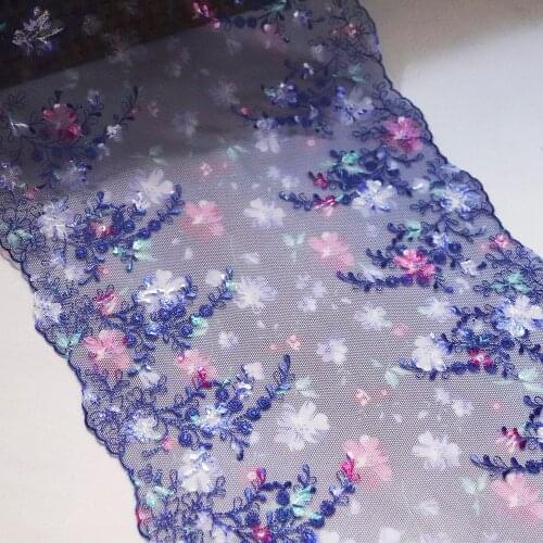 2Meters 22CM Width Flowers Printed Embroidered Lace Trim Blue Mesh Lingerie Bra Underwear Handmade Dress Sewing Fabric Materials