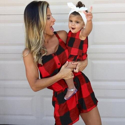 2021 Fashion Plaid Family Matching Outfits Mother Daughter Rompers Women Girl Casual Summer Rompers Mom Baby Kids Party Clothes