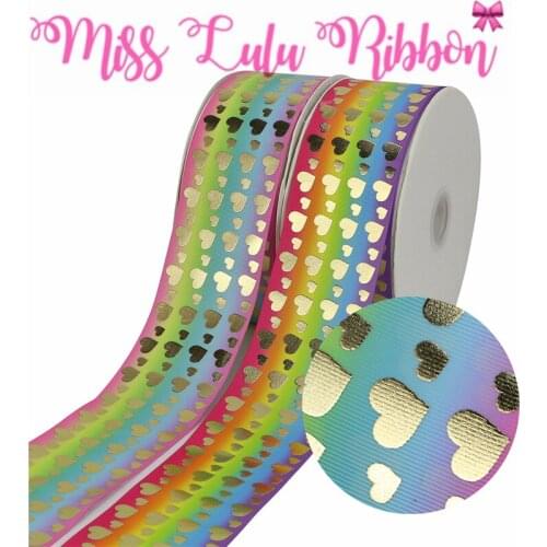 3"75mm Sweet Heart Gold Foil Gradient Color Printed Grosgrain Ribbon DIY Wedding Party Decor Hair Bands 50yards/roll