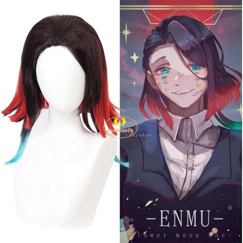 Anime Demon Slayer Enmu Cosplay Wig Kimetsu No Yaiba Black mix Red Blue Synthetic Hair Halloween Party Demon Wig Free Wig Cap