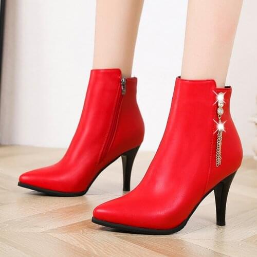 Red High-Heeled Stiletto Short Boots With Rhinestone Chain Tassel Ankle Boots Side Zipper Banquet Boots Rivet Metal Tassel