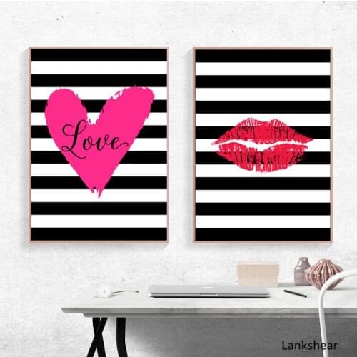 Black White Stripe Wall Art Canvas Painting Posters Red Lip Wall Decorative Picture Love Heart Fashion Girl Home Decor