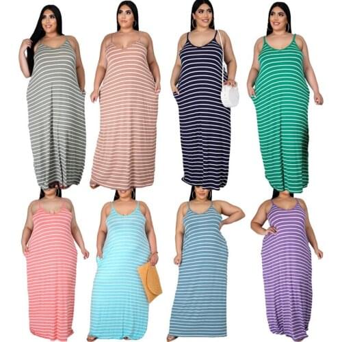 Long Maxi Dress Summer Boho Beach Plus Size 5Xl 6XL 4xl Women Striped Print Sleeveless Spaghetti Strap Elegant Bohemian Dresses