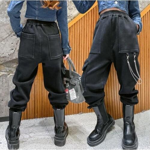 4 5 6 7 8 10 11Years Girls Boys Cargos Jeans Fashion Chain Trousers Teens Spring Autumn Tracksuits Black Khaki Denim Pants