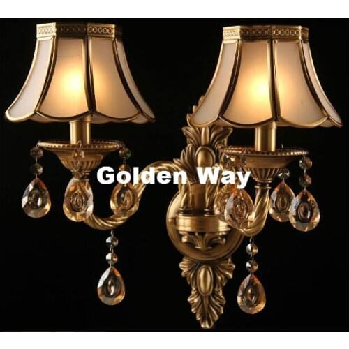 Modern European 2L W50cm H46cm Brass American Classical Copper Art Bronze Wall Lamp Brass Glass Wall Sconce AC 100% Guaranteed