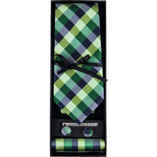 GB-406 Barry.Wang Men`s Tie Jacquard Woven Silk Green Necktie Hanky Cufflinks Set For Mens Business Wedding Party With Gift Box