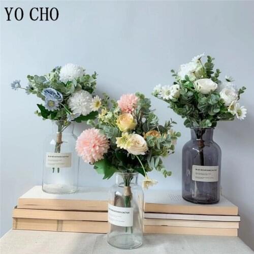 YO CHO Artificial Flower Bouquet Bridesmaid Sister Wedding Girl Bouquet Flower Champagne Silk Rose Daisy Pompon Home Party Decor