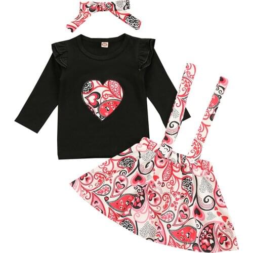 Valentines Day 1-5 Years Girls Three Piece Set Childrens Long Flying Sleeve Heart Printed Tops + Straps Skirt + Hair Band