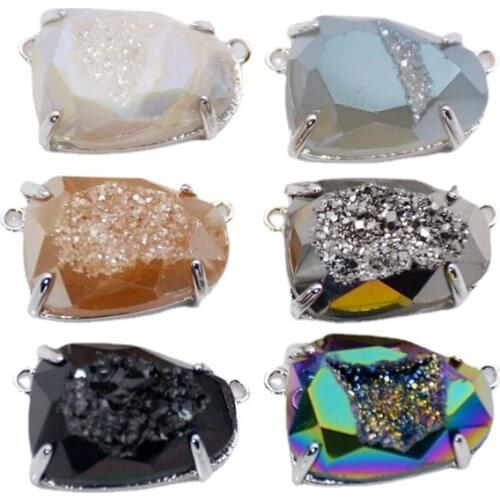 Claw Hexagon Rainbow Titanium Agates Druzy Geode Faceted Connector prong setting Sparkle Drusy Gem stone Making Jewelry Charm