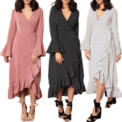 Fashion Women Vintage Dress Fall Summer Long Sleeve V-neck Tunic Polka Dots Printed Dress Long Sleeve Dresses Plus Size Dresses