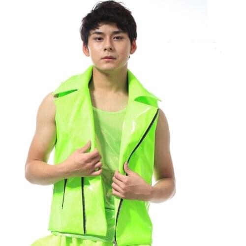 Hot New Fashion Male Neon Green Motorcycle Leather Vest for singer dancer Nightclub mens Ds dj costume tops