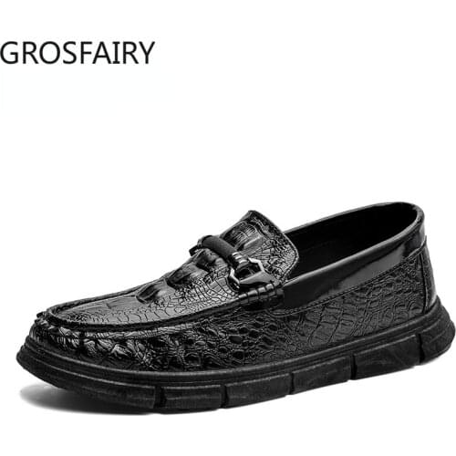 New Mens Casual Single Shoes Lazy Driving Shoes Peas Shoes Mens Crocodile Pattern Low-top Casual Shoes Mens Shoes