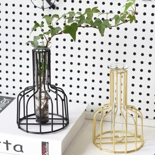 Nordic Flower Vase Iron Hydroponic Plant Vase Golden Black Plant Pots Decorative Flower Pot Tabletop Leaves Holder Home Decor