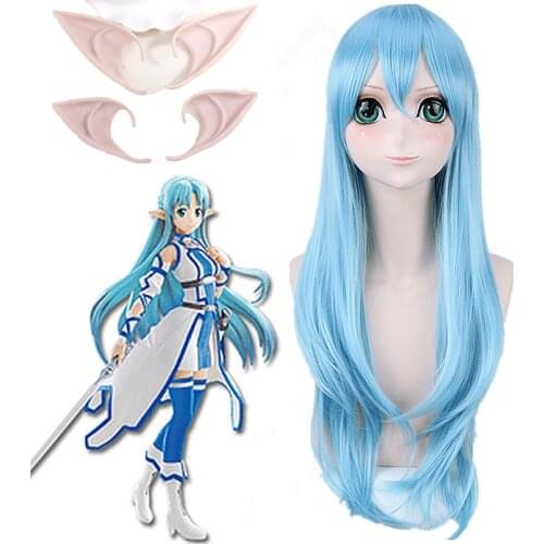 Sword Art Online Yuuki Asuna Yuki Asuna Wig Braided Blue Styled Synthetic Hair Cosplay Wig + Wig Cap cosplay ears