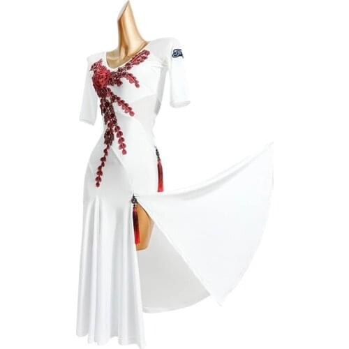 White Modern dance dress retro one-piece dress Chinese style performance Ballroom dance dress WOmen party dress