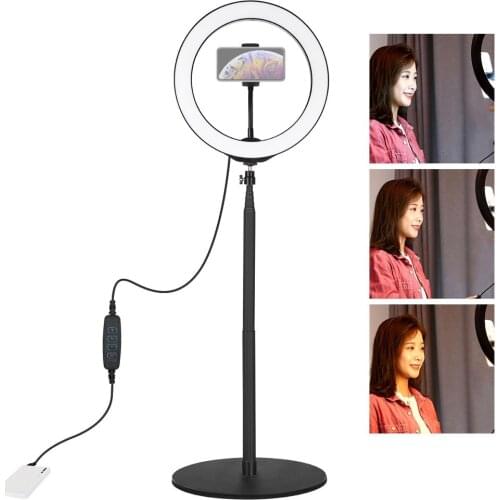 PULUZ 140cm Round Base Desktop Mount + 10.2 inch 26cm LED Ring Vlogging Video Light Kits with Cold Shoe Tripod Ball Head