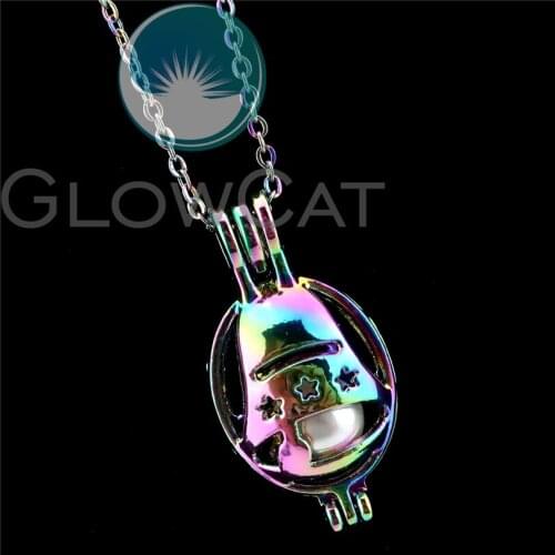 R-C793 Rainbow Funny Xmas Bell Beads Cage Pendant Perfume Diffuser Aromatherapy Pearl Cage Locket Necklace
