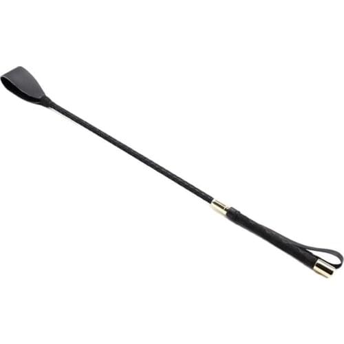 Unisex Faux Leather Loop-End Riding Crop Metal Plated Handle Whip Black Flogger Fetish Caning Sex Game Products