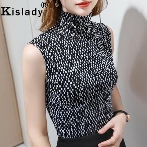 Kislady 2020 Turtleneck Sleeveless Women Shirts Spring Sexy Mesh Tops Plus Size Korean Clothes Harajuku High Street Plaid Shirt