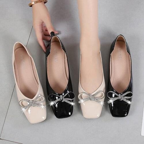 Ladies Square Toe Rhinestone Ballet Flats Shoes 2021 New Bling Bling Crystal Butterfly Knot Slip On Shoes Black Womens Shoes