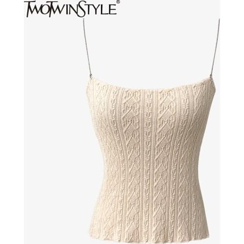 TWOTWINSTYLE Casual Apricot Knitted Patchwork Chain Crop Top Female Square Collar Sleeveless Korean Slim Tops Women 2021 Fashion