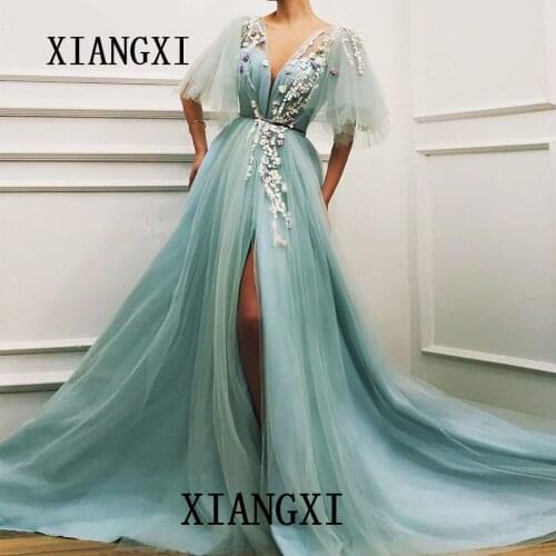 2020 élégante longue robe de soirée en Tulle bleu clair haute fente Cap manches à la main fleurs paillettes longue robe de so