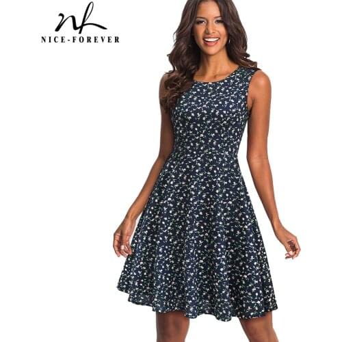 Nice-forever Retro 1950s Floral Printed Round Neck vestidos Sleeveless A-Line Female Flare Party Women Spring Dress A086