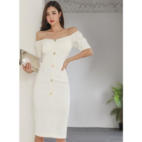 Fashion Summer Korean Vintage Off The Shoulder Party Dress Ladies OL Elegant Casual Single Breasted Split Bodycon Pencil Dress