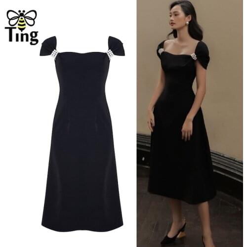 Tingfly Vintage Elegant Beading Summer Black Midi Long Dress Party Dinner Dresses A Line Retro France Chic Elbise Women Frocks