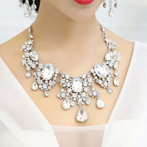 2Pcs/Set Shiny Full Rhinestone Tassel Bridal Statement Bib Necklace Earrings