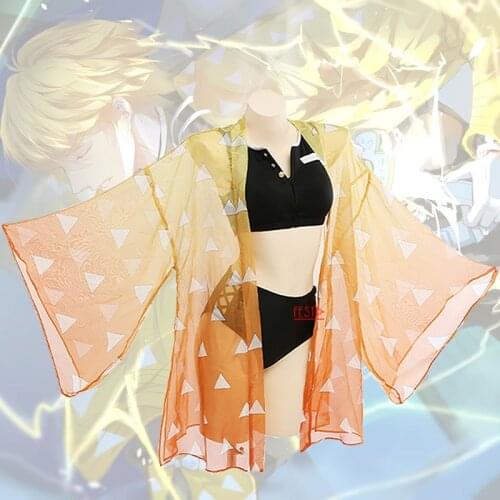 Anime Demon Slayer Swimsuit Agatsuma Zenitsu Cosplay Costume Kimetsu No Yaiba Train Mugen Bikini 3PCS Swimsuit Set Swimwear Girl