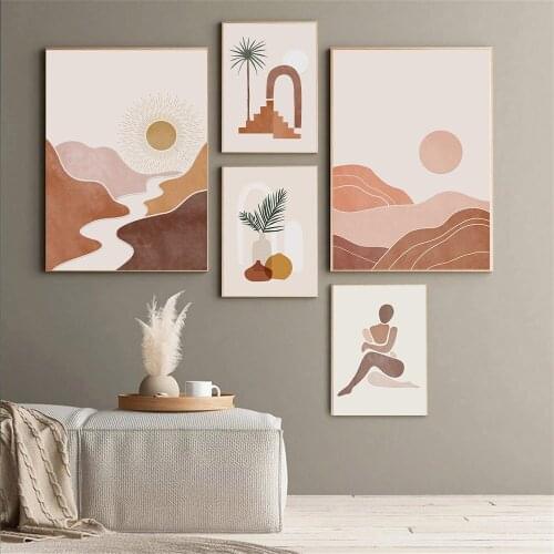Anstract Sun Mountain River Tree Landscape Wall Art Poster Leaf Palnt Prints Boho Women Line Canvas Painting Nordic Home Decor