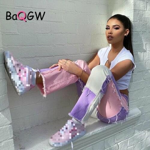 BaQGW Contrast Color Distressed Jeans Pants Women Preppy Style Chic Streetwear Outfits High Waist Straight Denim Joggers Pants